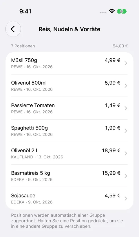 App-Ansicht: die Positionen der Gruppe Reis, Nudeln & Vorräte mit Geschäft und Preis (Beispieldaten)