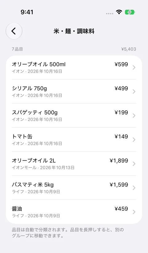 アプリの画面：「米・麺・調味料」グループの品目を、店名と金額つきで表示（サンプルデータ）