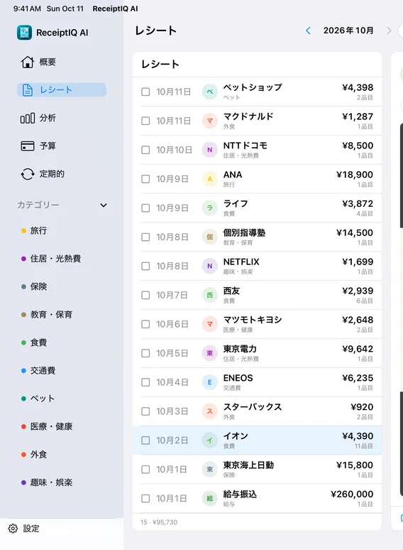 iPadでのReceiptIQ AIのレシート一覧。店名、日付、カテゴリー、金額、品目数が並び、左にカテゴリーのサイドバーがある（サンプルデータ）