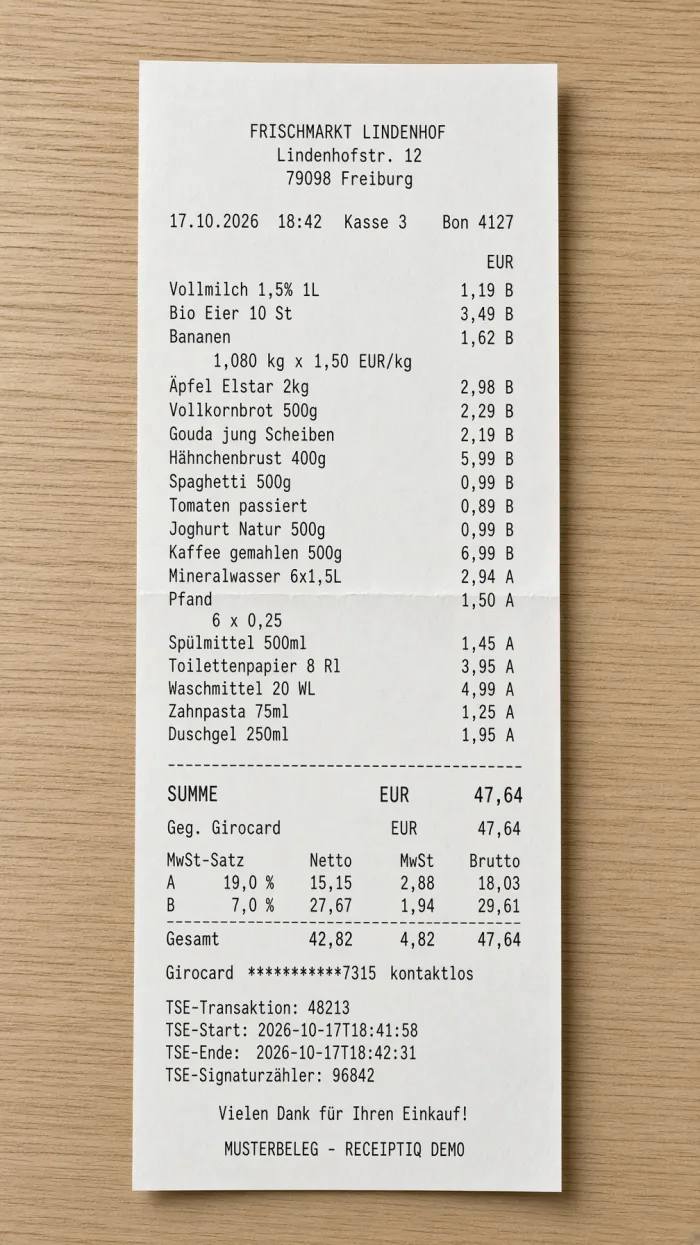 Musterbeleg eines Supermarkts vom fiktiven Geschäft Frischmarkt Lindenhof mit 18 Positionen und einer Summe von 47,64 €