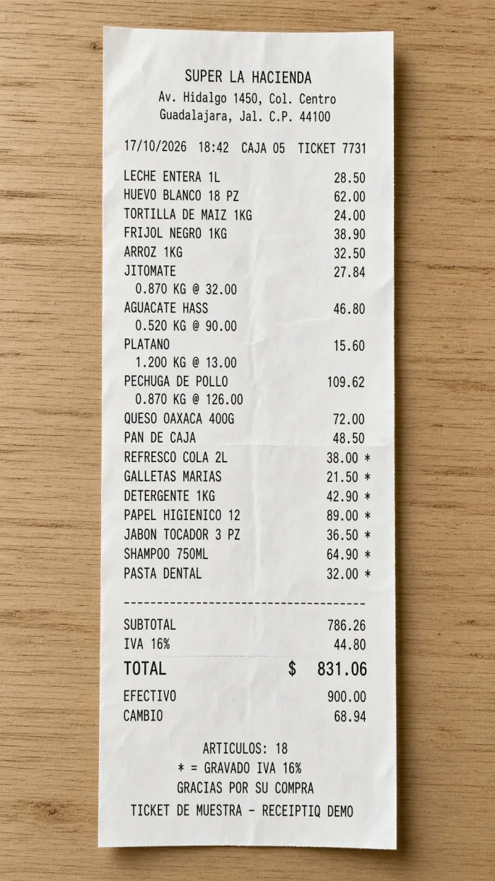 Ticket de muestra de supermercado de la tienda ficticia Super La Hacienda, con 18 artículos y un total de $831.06 MXN