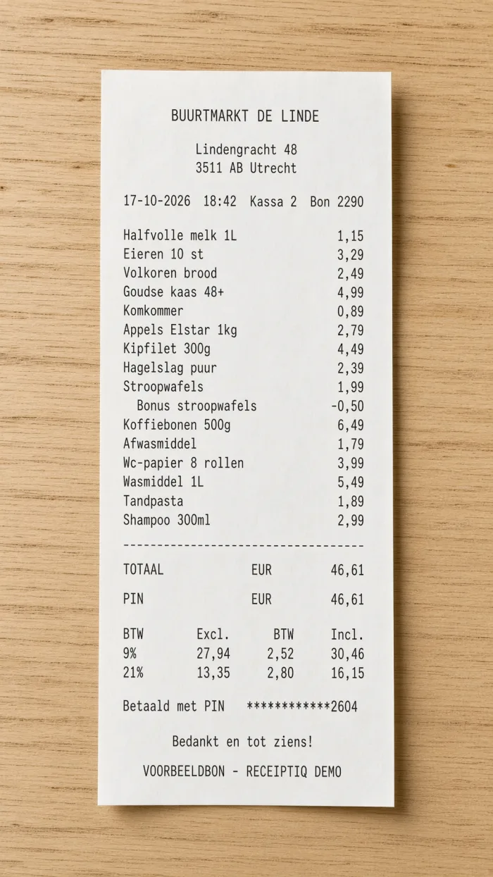 Voorbeeldbon van de fictieve winkel Buurtmarkt De Linde met 16 regels en een totaal van € 46,61